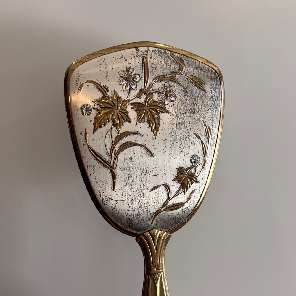 Vintage Gold tone Hand Mirror with Floral Design